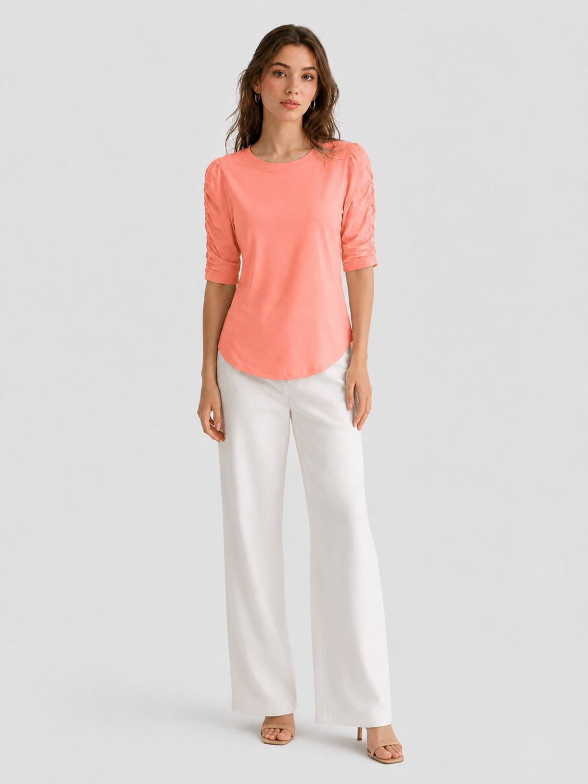 YUCOLEN Women's Puff Half Sleeve Tri-blend Top Casual Blouse in Peach Pink