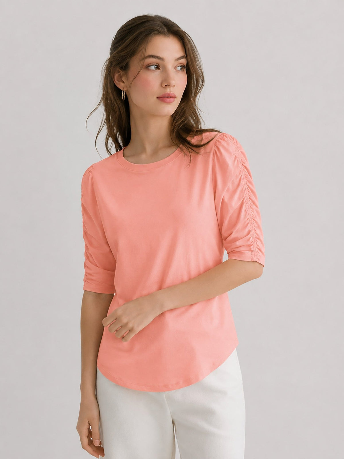 YUCOLEN Women's Puff Half Sleeve Tri-blend Top Casual Blouse in Peach Pink
