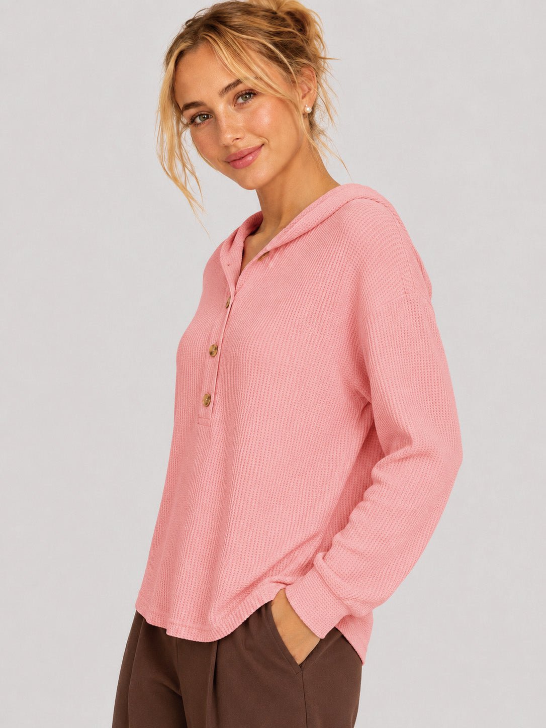 YUCOLEN Women's Waffle Knit Oversized Hoodie 4-Button Henley Pullover in Peach Pink