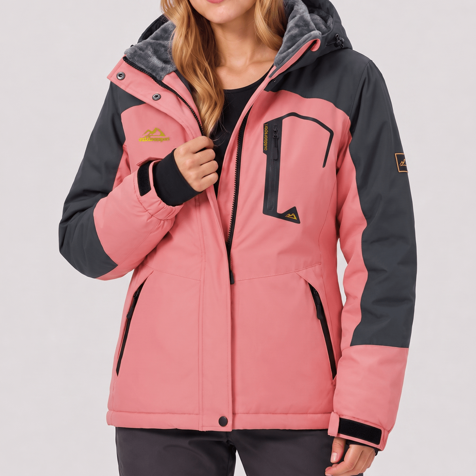 YUCOLEN Women's Waterproof Ski Jacket Fleece Lined Insulated Snow Coat with Detachable Hood in Pink Grey
