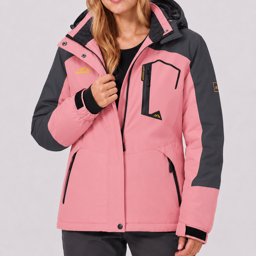 YUCOLEN Women's Waterproof Ski Jacket Fleece Lined Insulated Snow Coat with Detachable Hood in Pink Grey