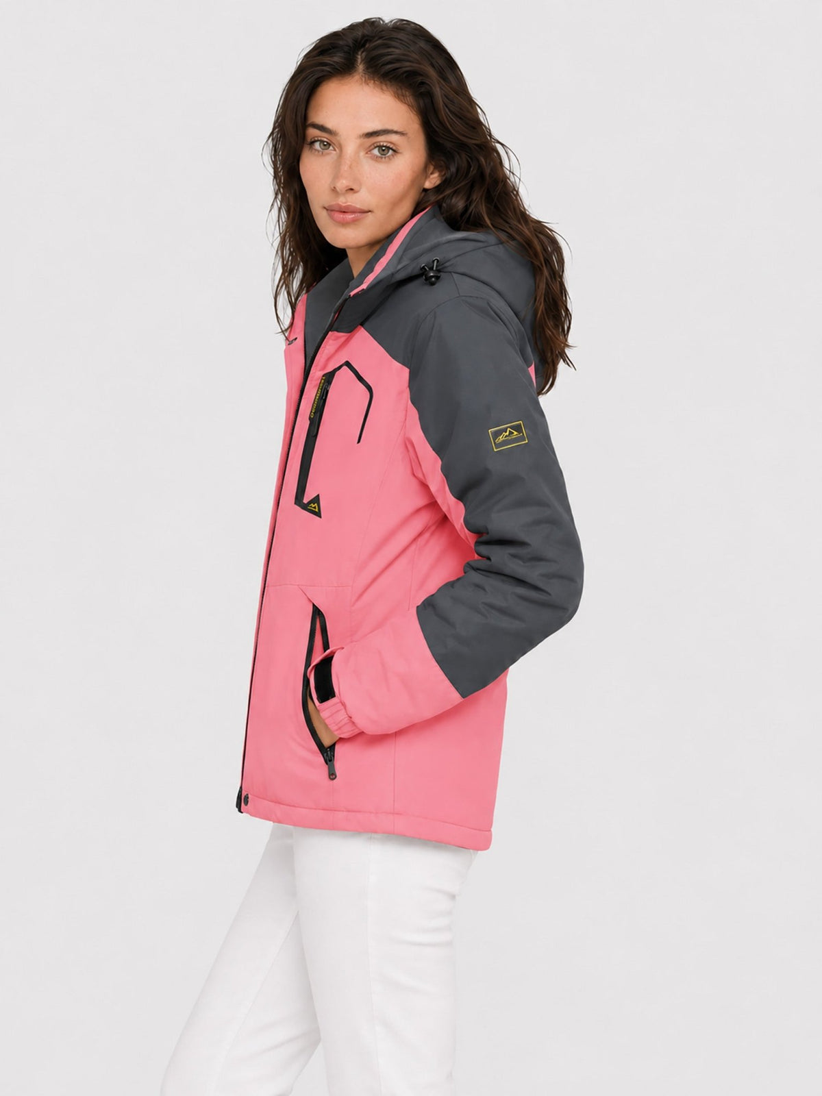 YUCOLEN Women's Waterproof Ski Jacket Fleece Lined Insulated Snow Coat with Detachable Hood in Pink Grey