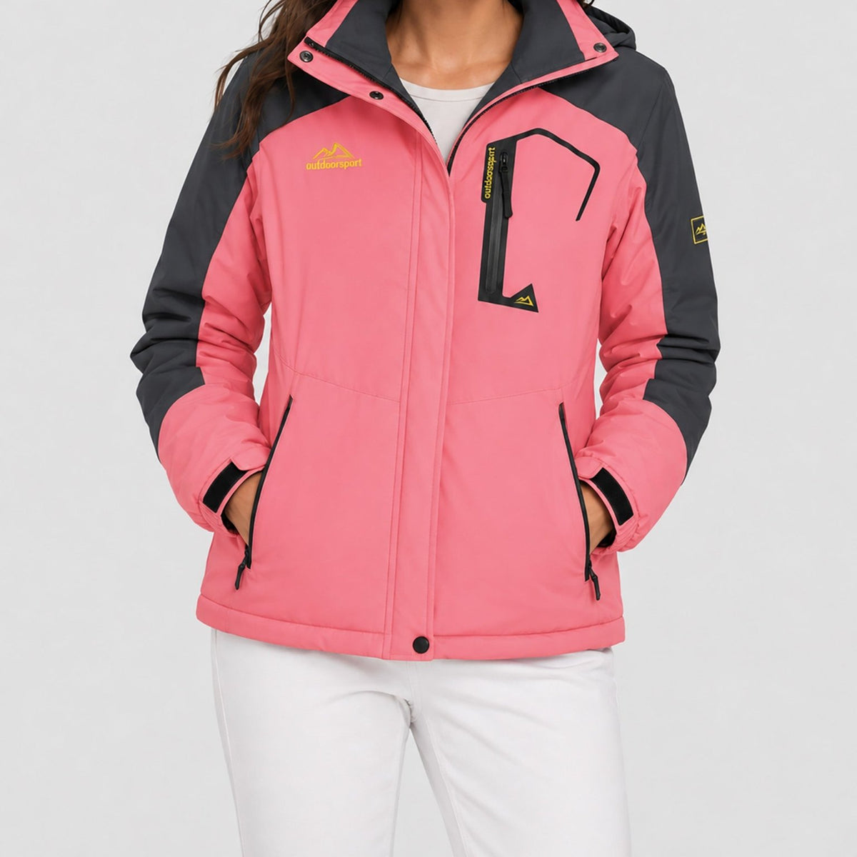 YUCOLEN Women's Waterproof Ski Jacket Fleece Lined Insulated Snow Coat with Detachable Hood in Pink Grey