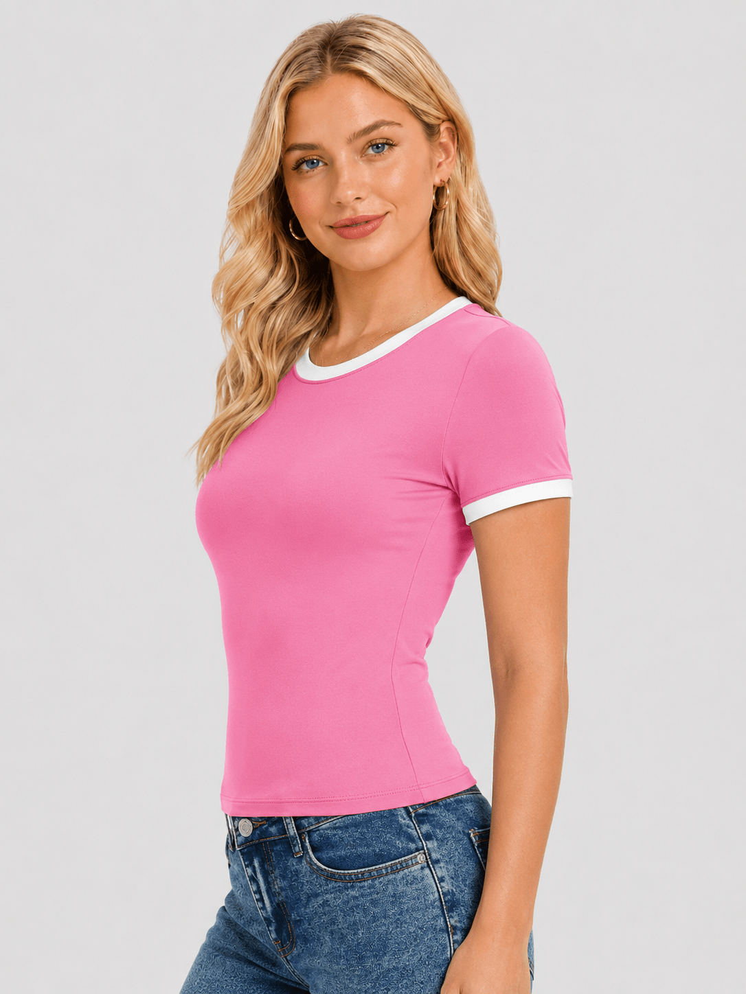 YUCOLEN Women Slim Fit Color Block Crop Top - High Stretch Athletic Shirt in Pink