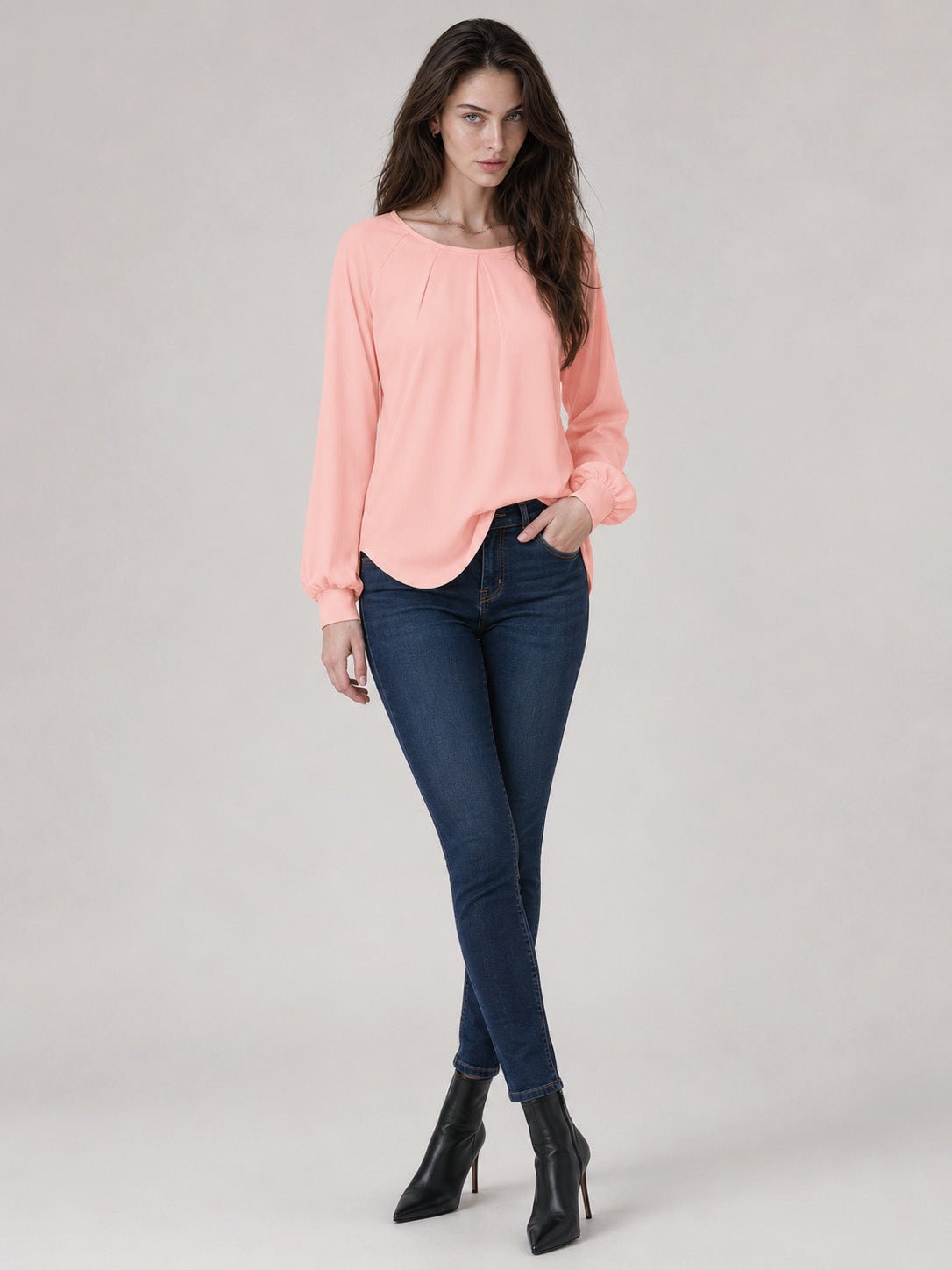 YUCOLEN Women's Lantern Sleeve Pleated Blouse Soft Cotton Rayon Dressy Casual Top in Pink