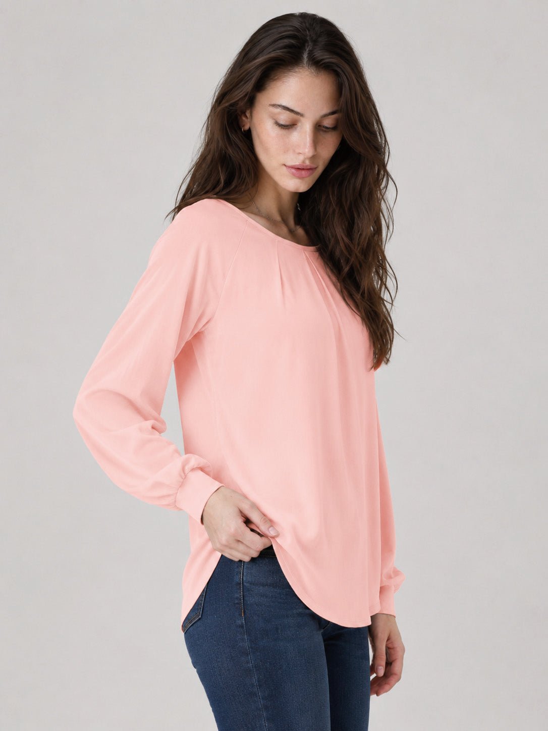 YUCOLEN Women's Lantern Sleeve Pleated Blouse Soft Cotton Rayon Dressy Casual Top in Pink