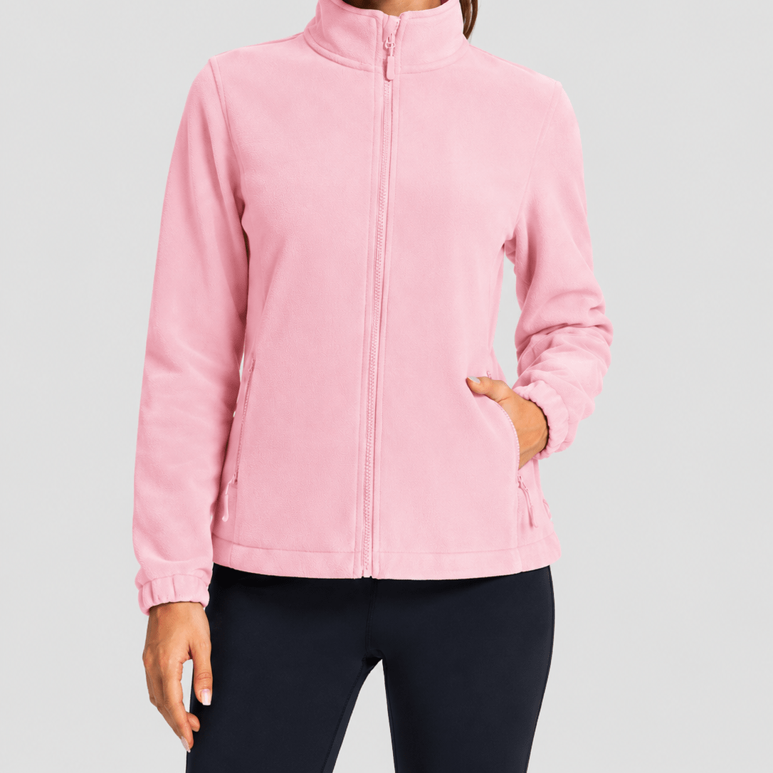 YUCOLEN Women's Lightweight Full Zip Fleece Jacket Windproof Stand Collar Outdoor Sweatshirt in Pink