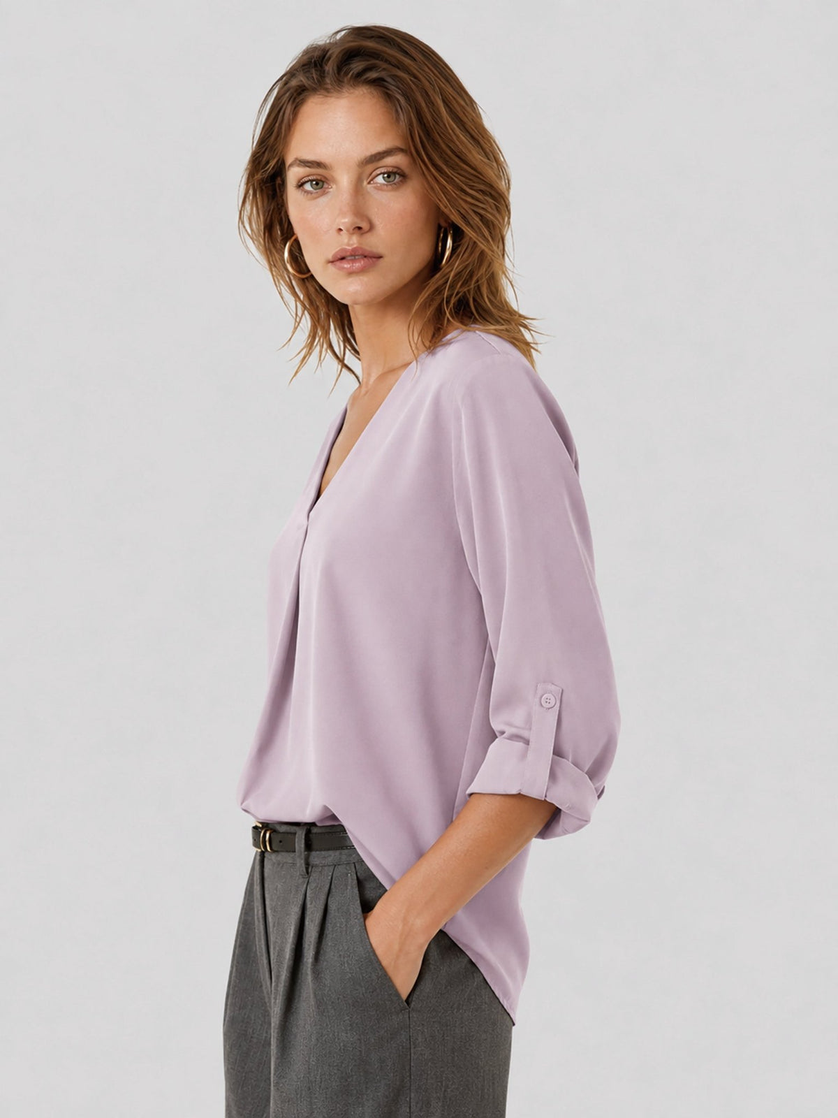 YUCOLEN Women's Lightweight V-Neck Flowy Blouse with 3/4 Flutter Sleeves in Pink