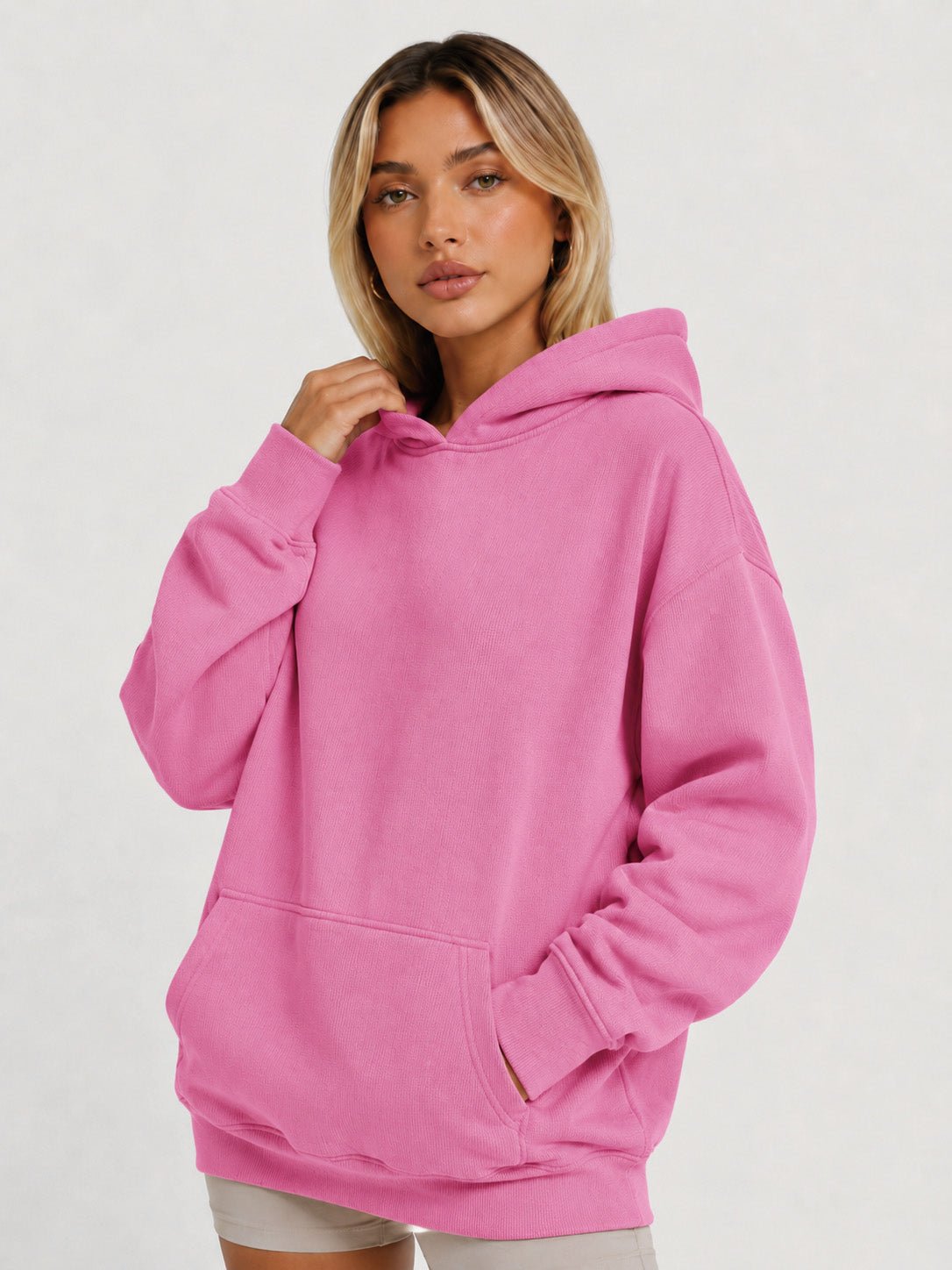 YUCOLEN Women's Oversized Textured Fleece Hoodie Loose Pullover Sweatshirt with Kangaroo Pocket in Pink