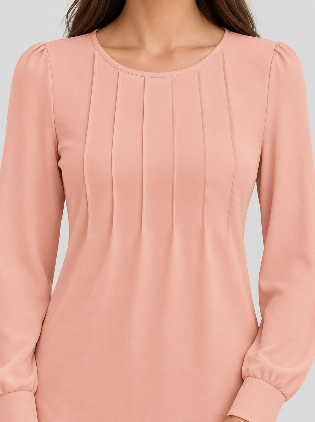 YUCOLEN Womens Pleated Puff Sleeve Crew Neck Long Sleeve Tunic Top in Pink