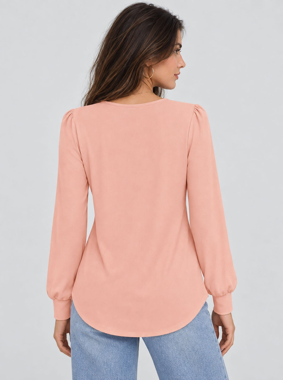 YUCOLEN Womens Pleated Puff Sleeve Crew Neck Long Sleeve Tunic Top in Pink