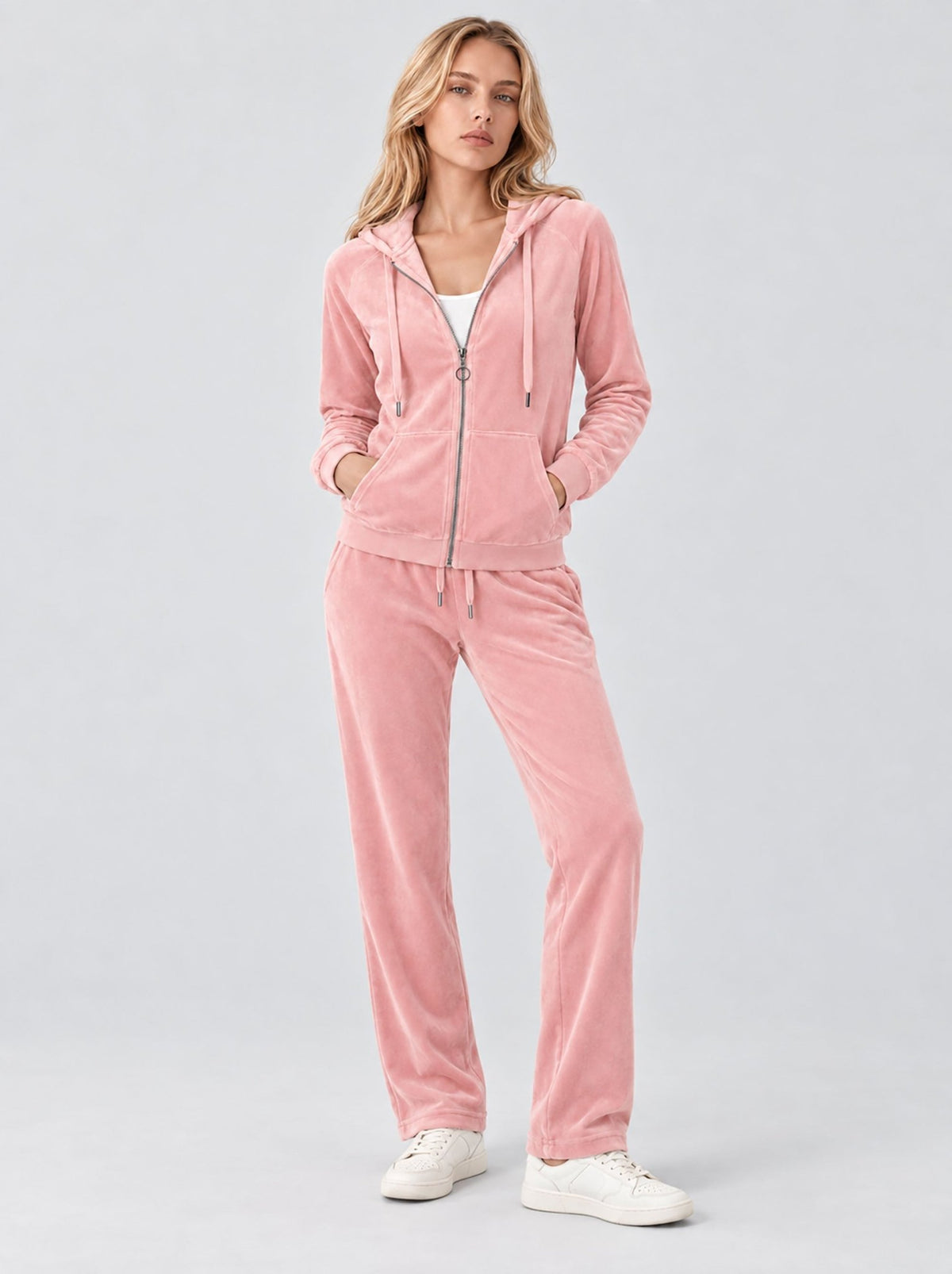 YUCOLEN Women's Soft Velour Full Zip Hooded Jacket with Pockets in Pink