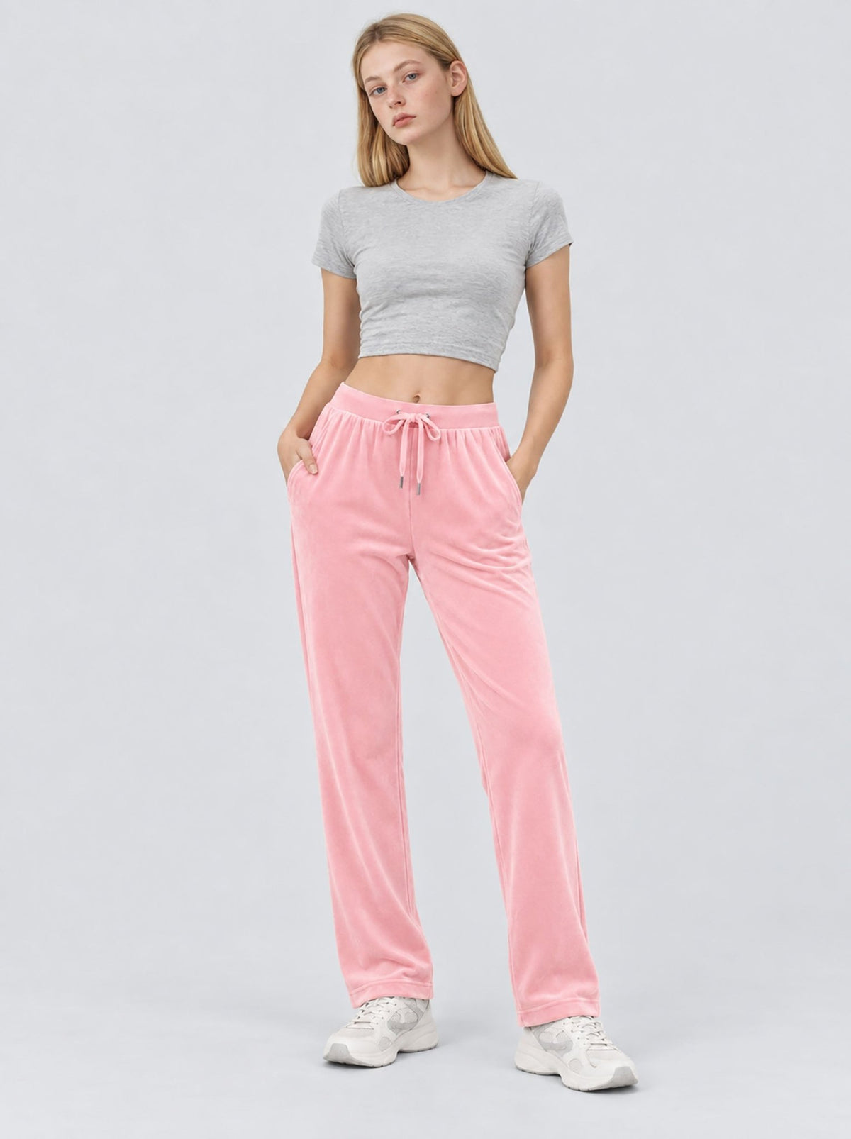 YUCOLEN Women's Soft Velour Straight Leg Pants with Elastic Waist in Pink