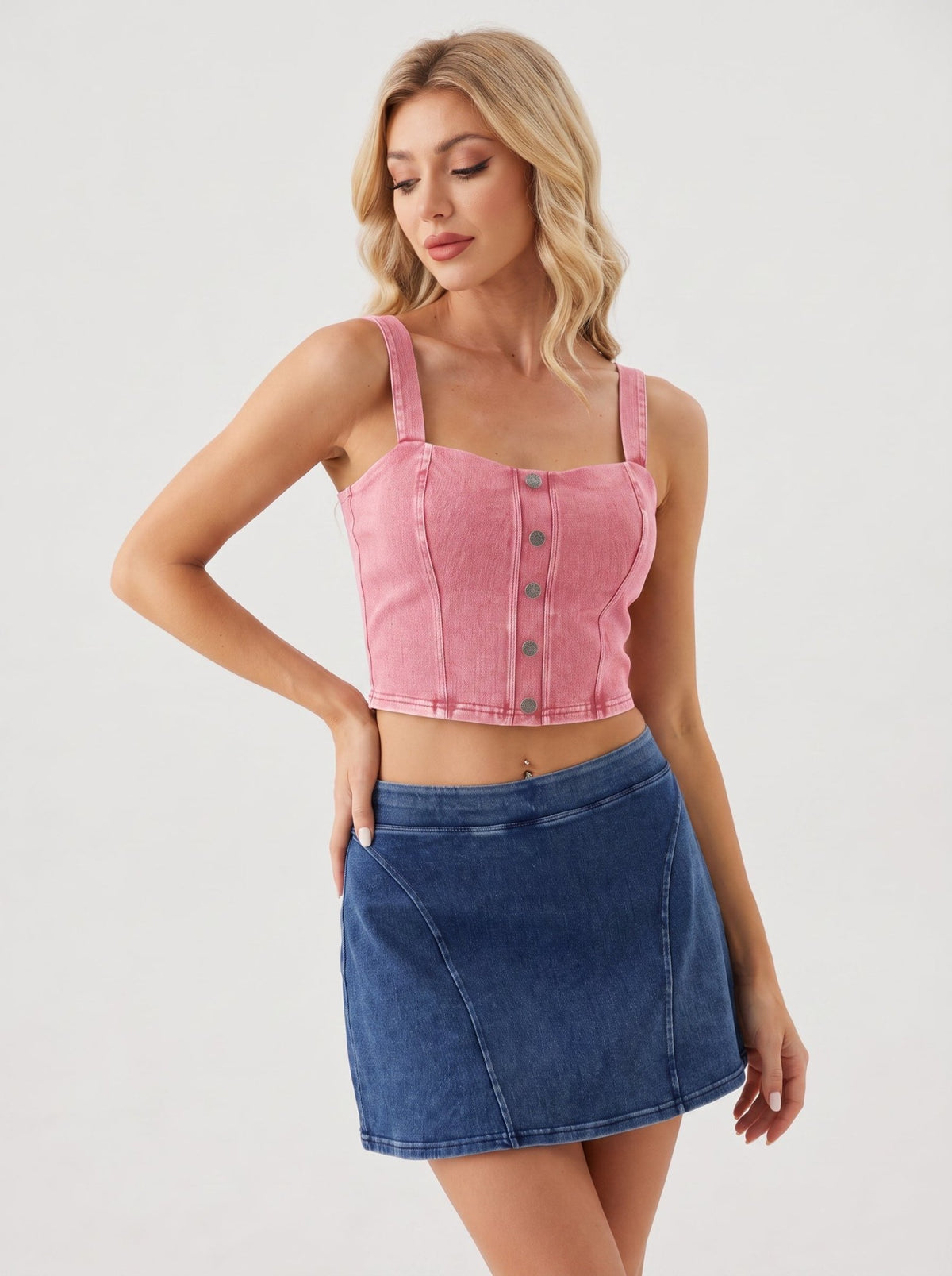 YUCOLEN Women's Square Neck Denim Look Tank Top with Built-in Bra Slim Fit Crop Workout Top in Pink