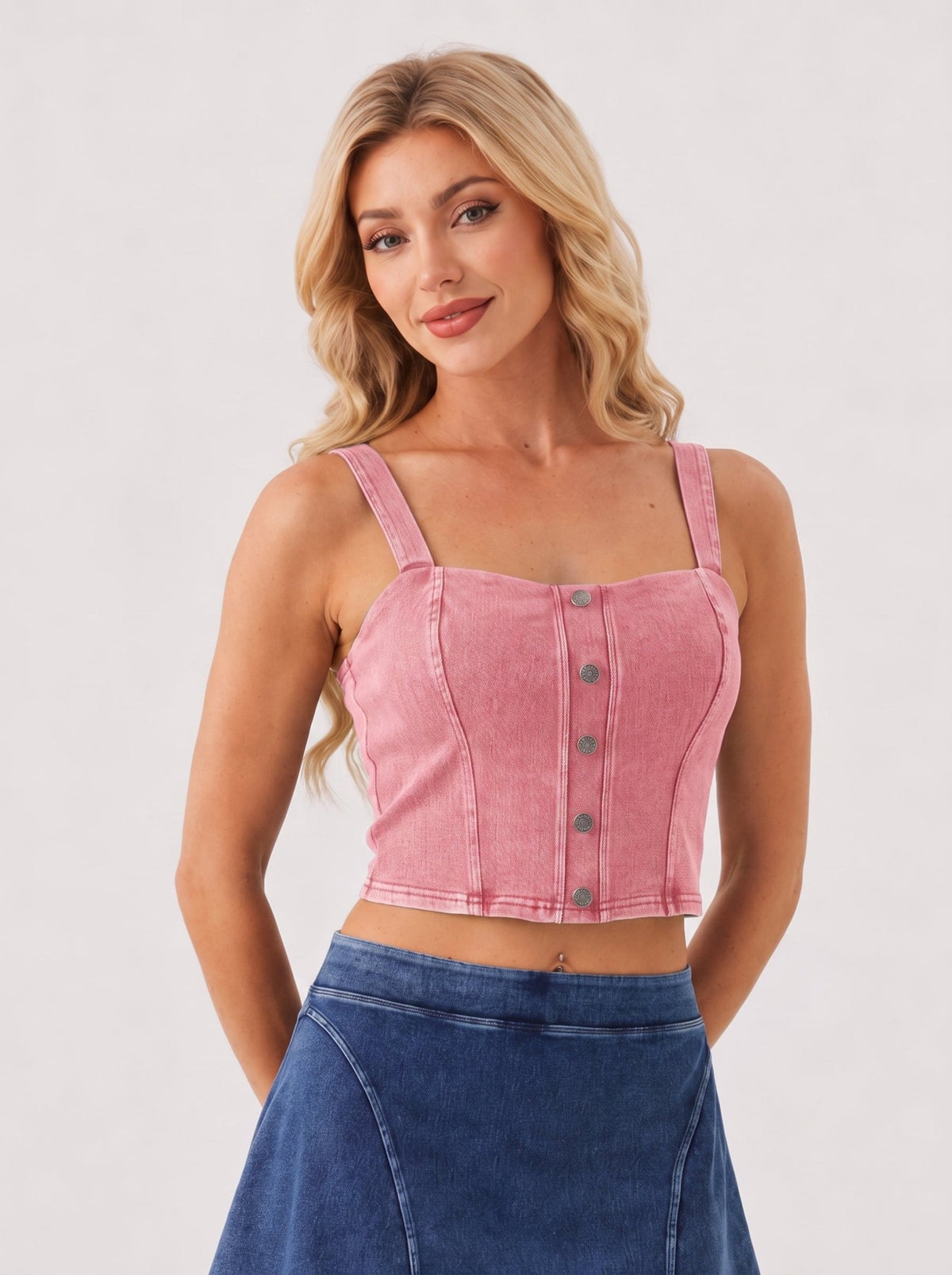 YUCOLEN Women's Square Neck Denim Look Tank Top with Built-in Bra Slim Fit Crop Workout Top in Pink