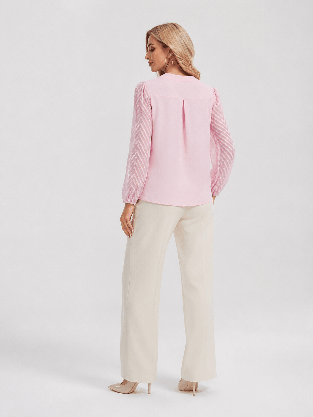 YUCOLEN Women's V Neck Chiffon Blouse with Lace Puff Sleeves Dressy Casual Work Tops in Pink