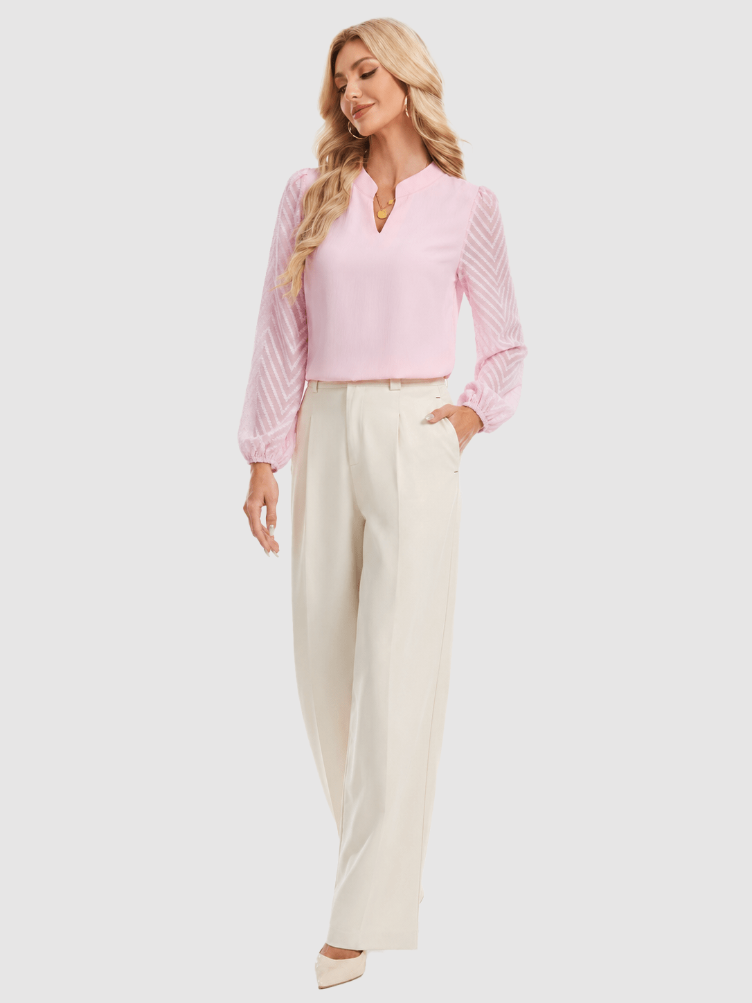 YUCOLEN Women's V Neck Chiffon Blouse with Lace Puff Sleeves Dressy Casual Work Tops in Pink