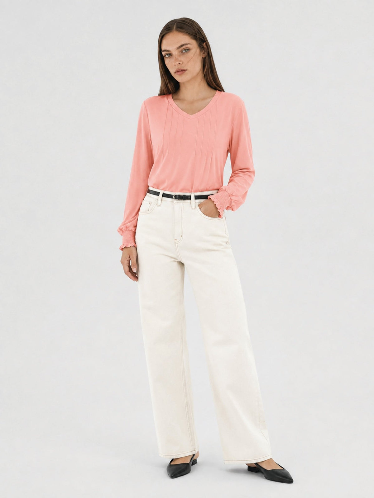 YUCOLEN Women's V Neck Pleated Tunic Blouse Ruffle Cuff Long Sleeve Shirt in Pink
