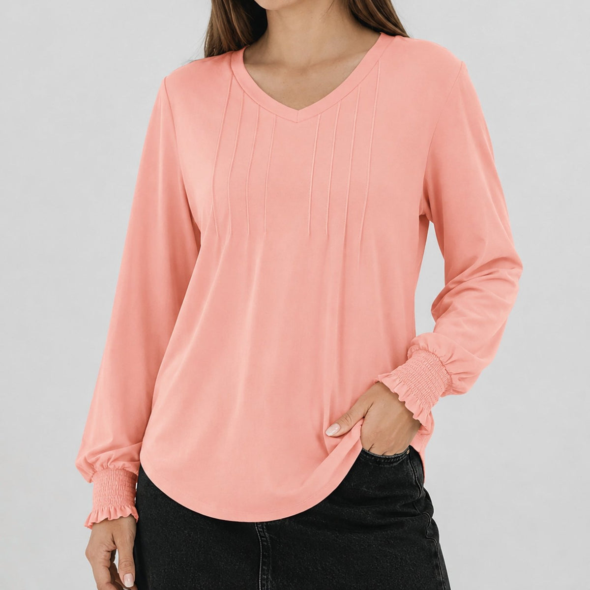 YUCOLEN Women's V Neck Pleated Tunic Blouse Ruffle Cuff Long Sleeve Shirt in Pink