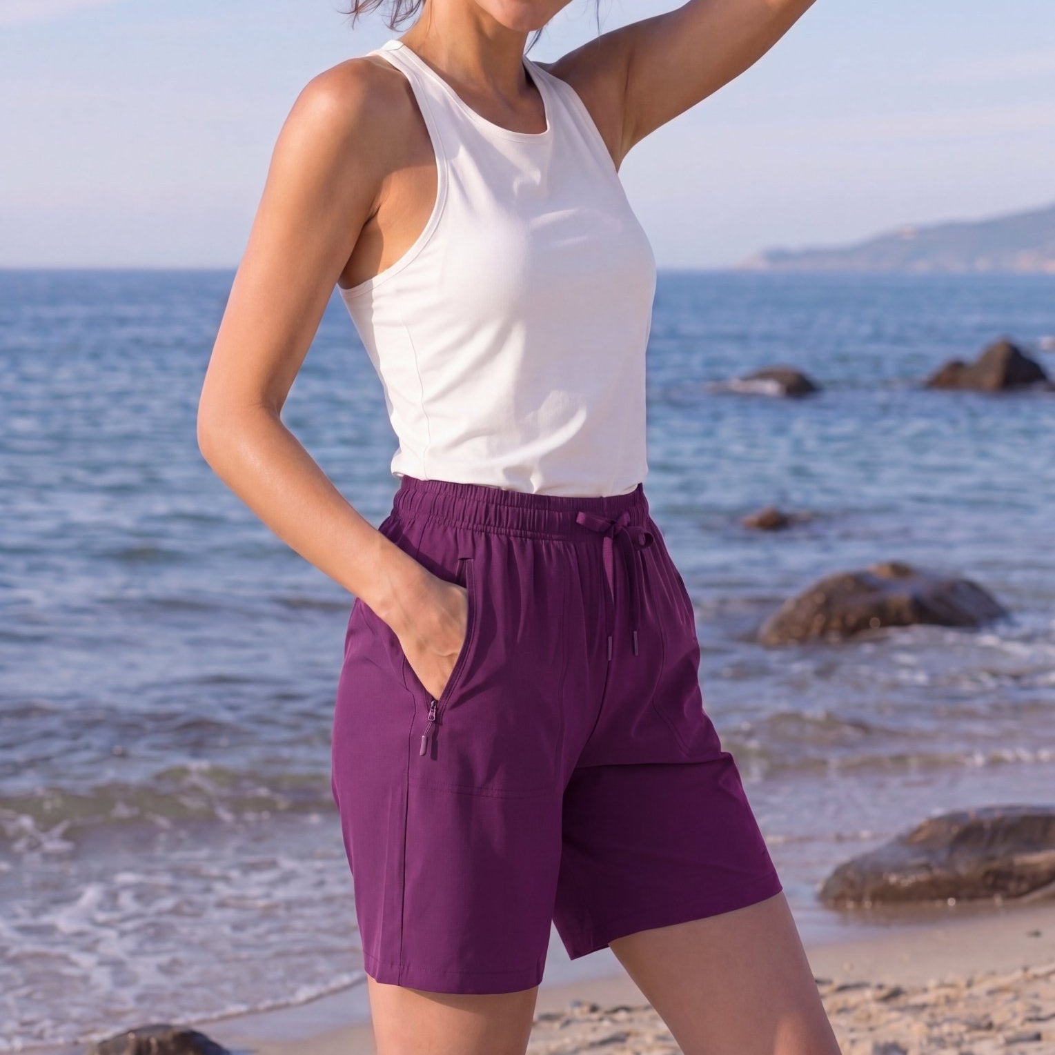 YUCOLEN Women 8 Inch Inseam Hiking Shorts - Water Resistant Quick Dry Golf Shorts with Zipper Pockets in Purple Red
