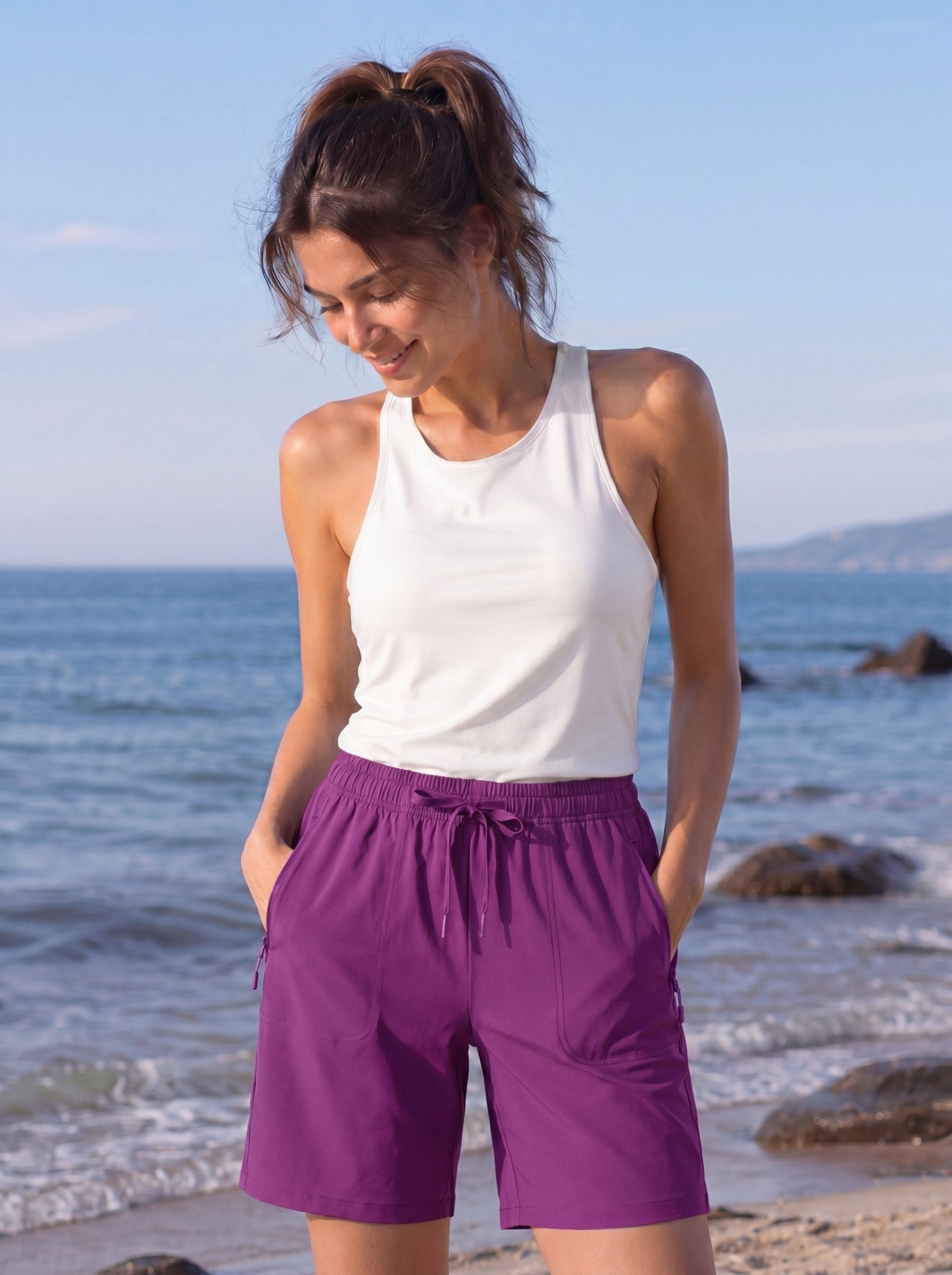 YUCOLEN Women 8 Inch Inseam Hiking Shorts - Water Resistant Quick Dry Golf Shorts with Zipper Pockets in Purple Red