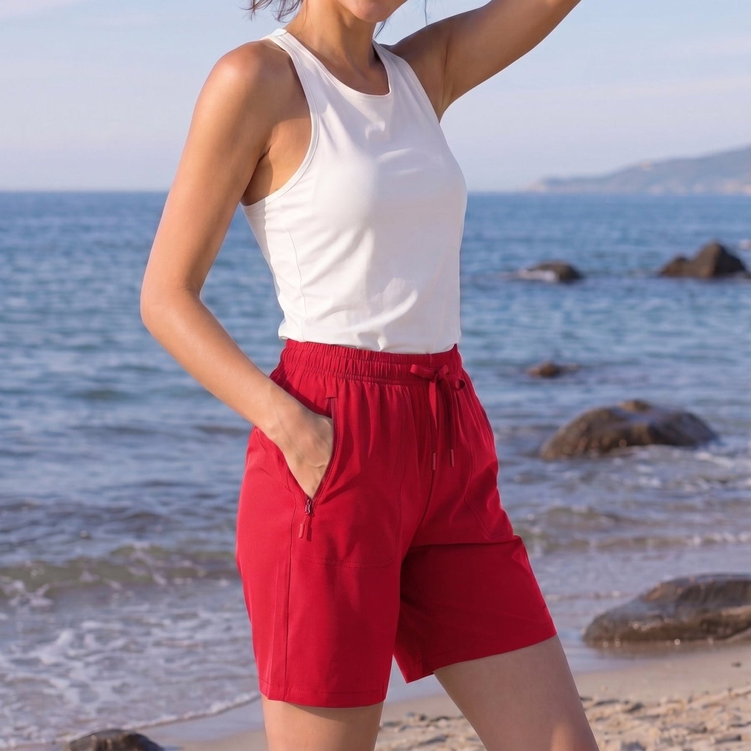 YUCOLEN Women 8 Inch Inseam Hiking Shorts - Water Resistant Quick Dry Golf Shorts with Zipper Pockets in Red