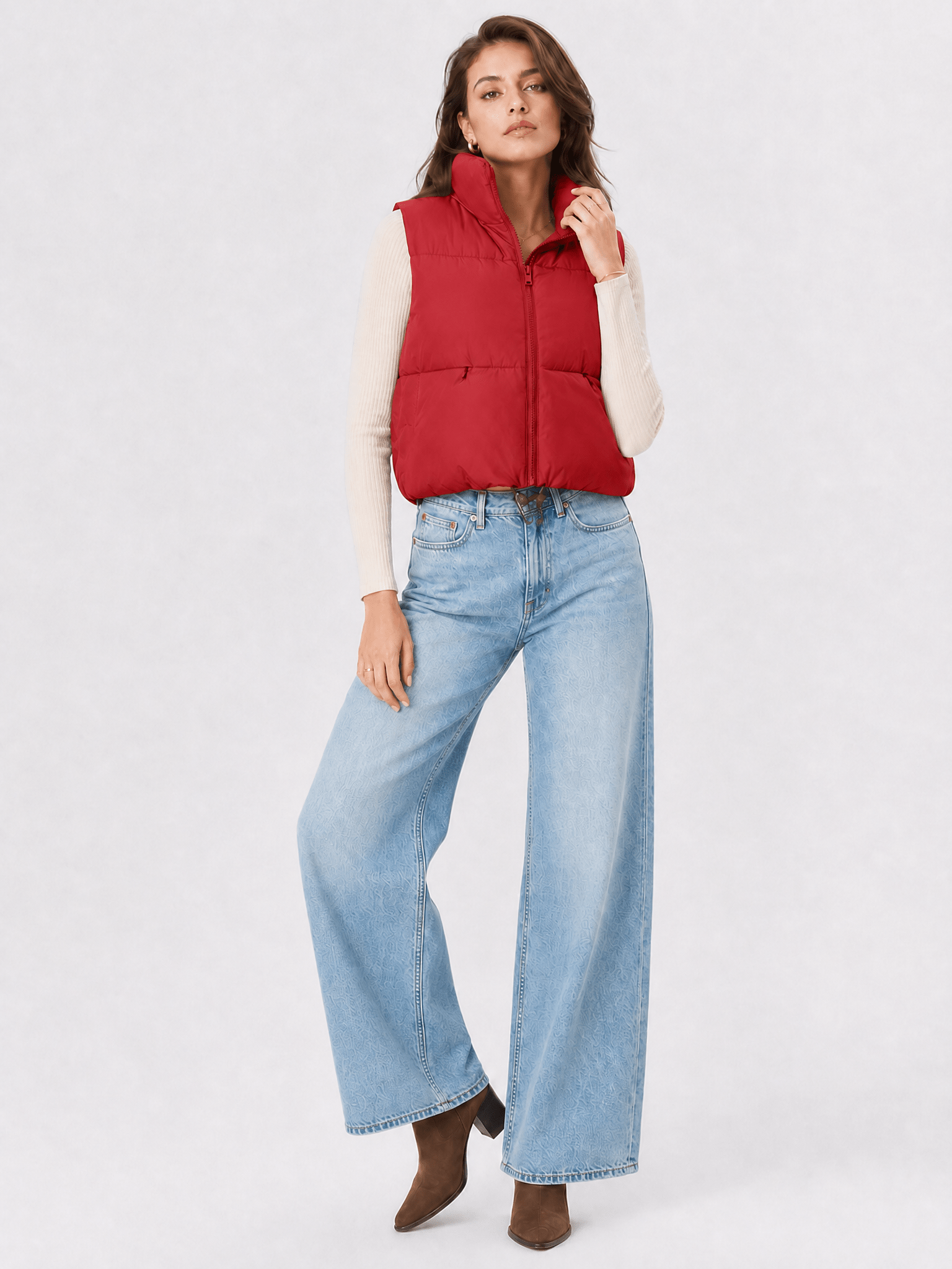 YUCOLEN Women's Cropped Puffer Vest Lightweight Sleeveless Quilted Bubble Gilet in Red
