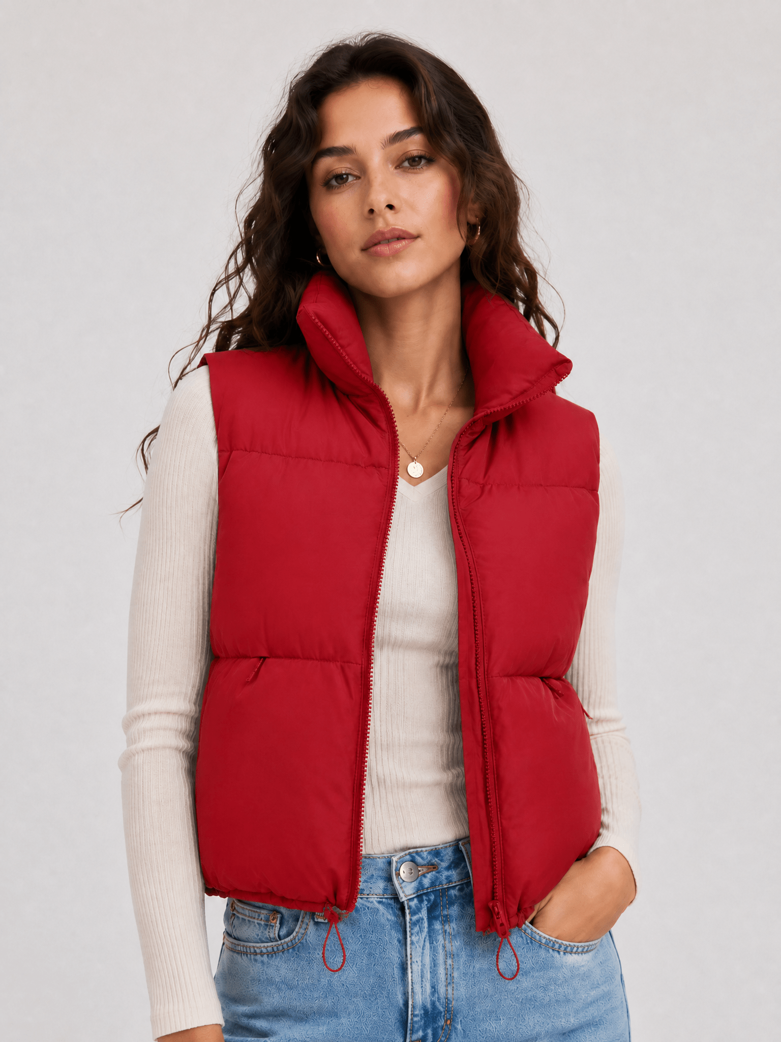 YUCOLEN Women's Cropped Puffer Vest Lightweight Sleeveless Quilted Bubble Gilet in Red