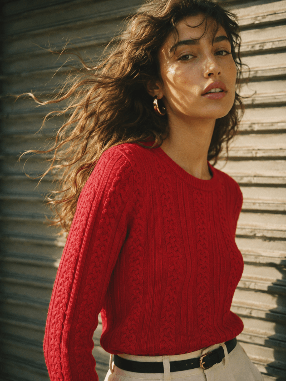 YUCOLEN Women's Lightweight Cable Knit Sweater Soft Crew Neck Fisherman Pullover Top in Red
