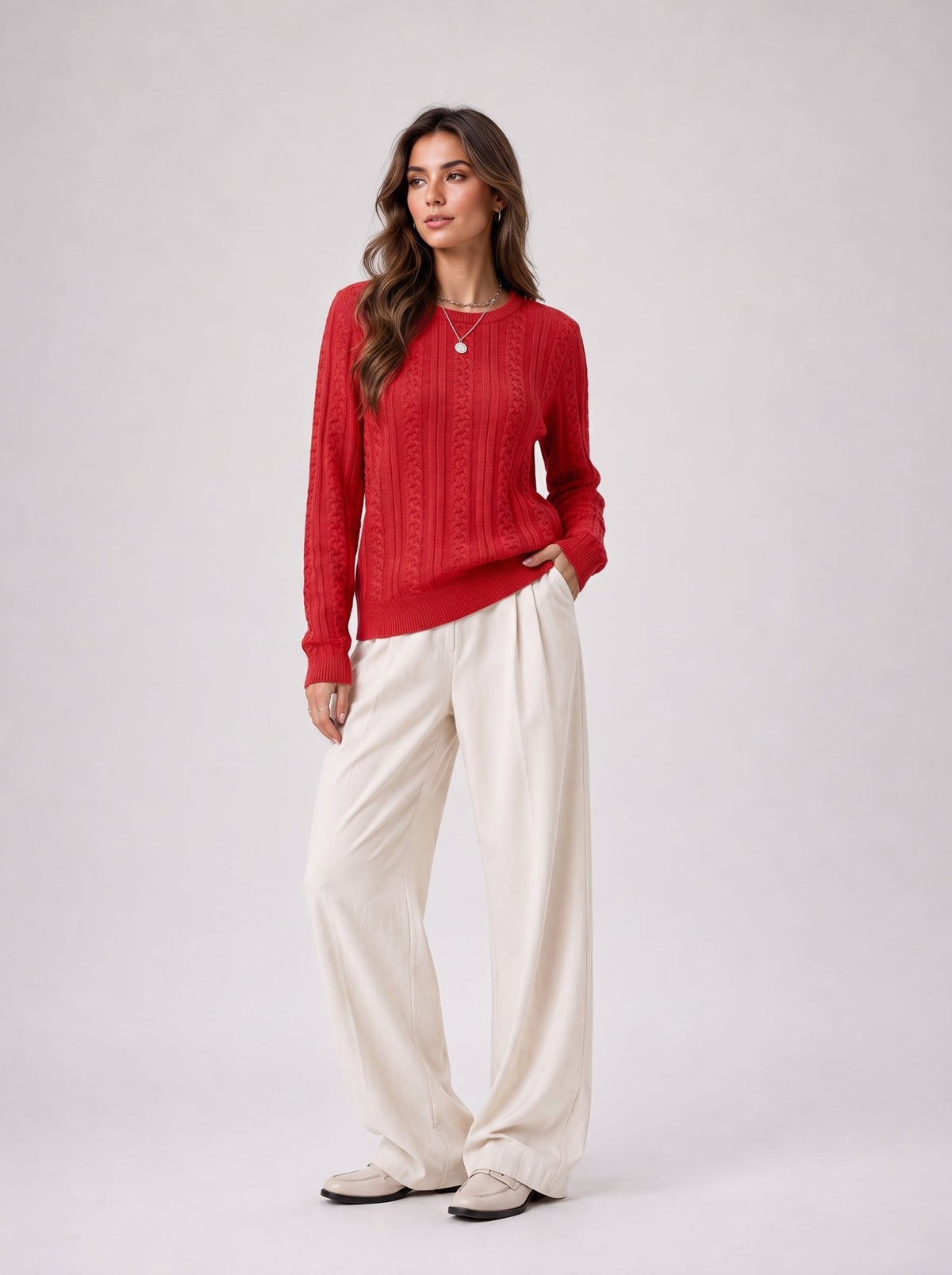 YUCOLEN Women's Lightweight Cable Knit Sweater Soft Crew Neck Fisherman Pullover Top in Red