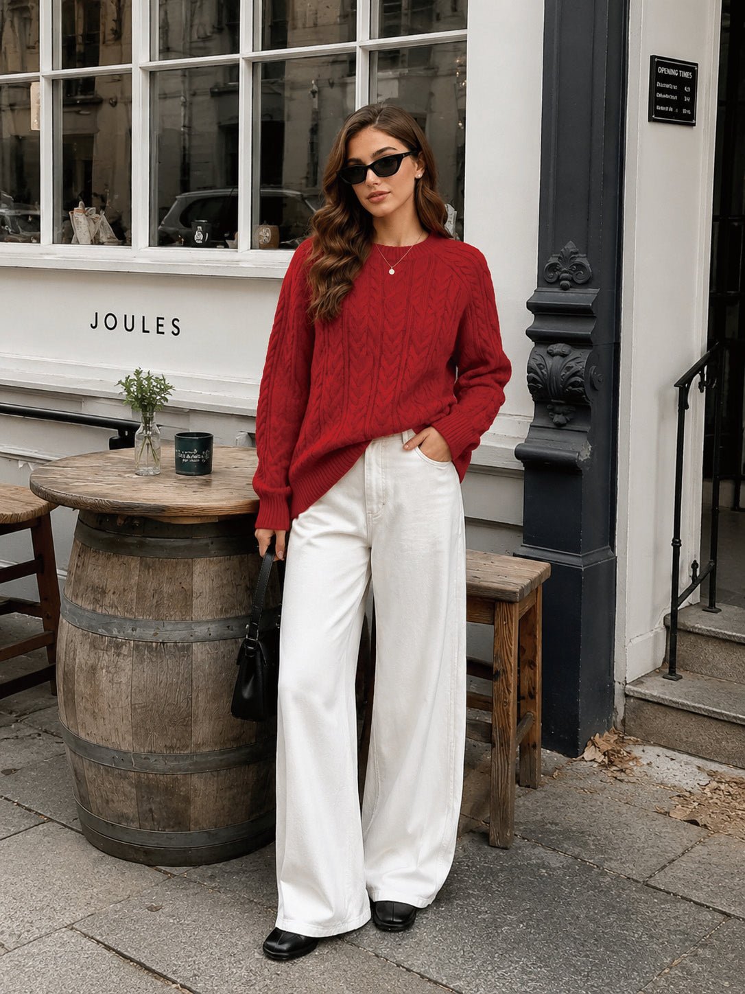 YUCOLEN Women's Oversized Cable Knit Sweater Soft Chunky Crew Neck Pullover Top in Red