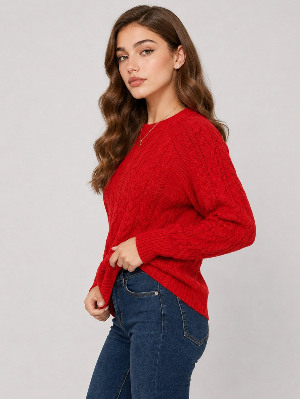 YUCOLEN Women's Oversized Cable Knit Sweater Soft Chunky Crew Neck Pullover Top in Red
