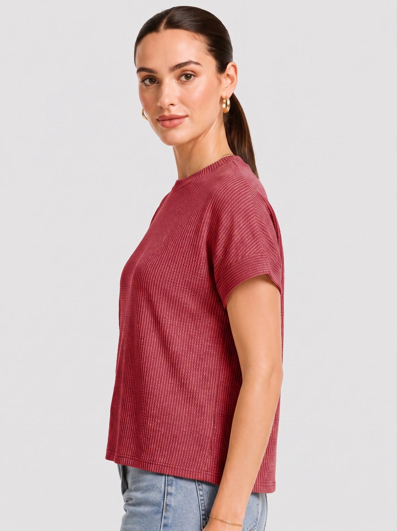 YUCOLEN Women's Oversized Ribbed Knit Short Sleeve T-Shirt Loose Batwing Casual Top in Red