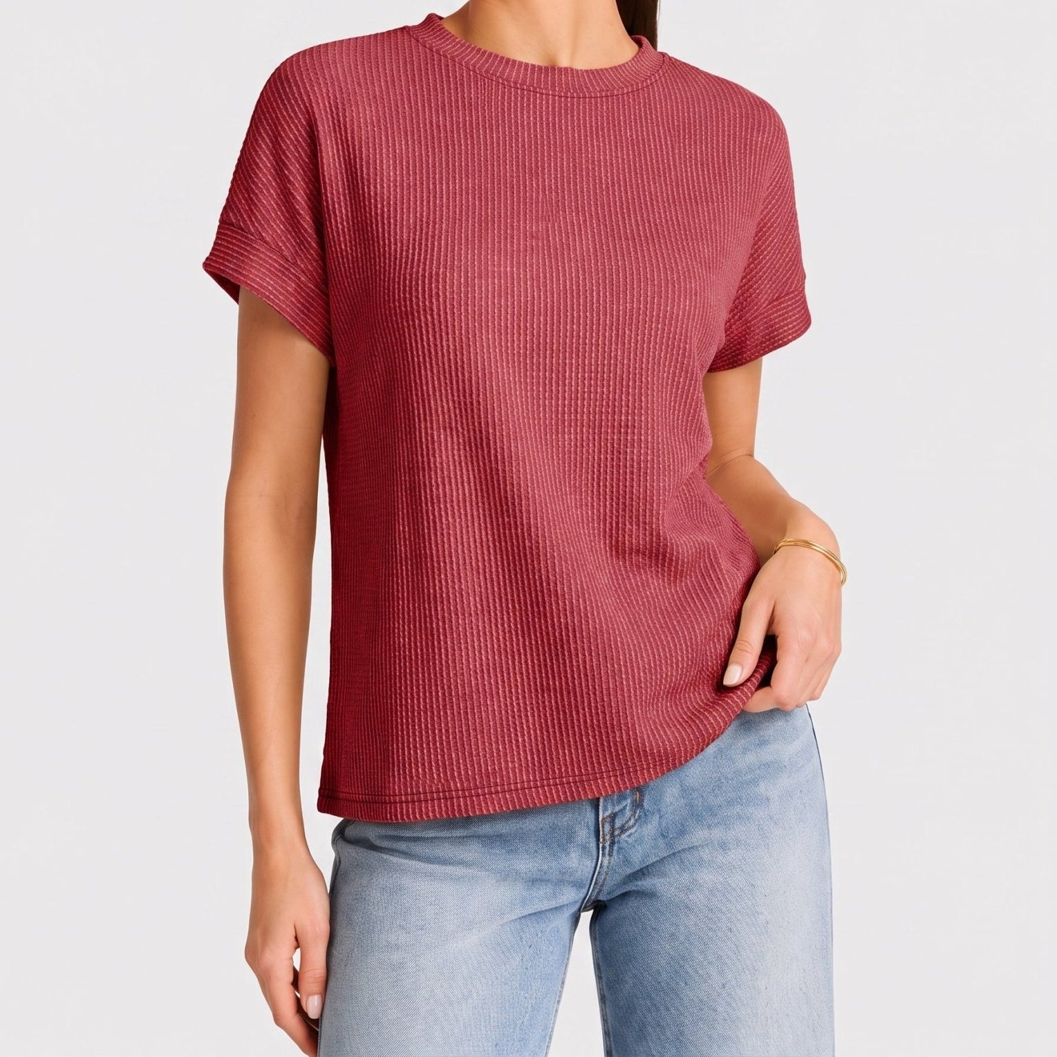 YUCOLEN Women's Oversized Ribbed Knit Short Sleeve T-Shirt Loose Batwing Casual Top in Red