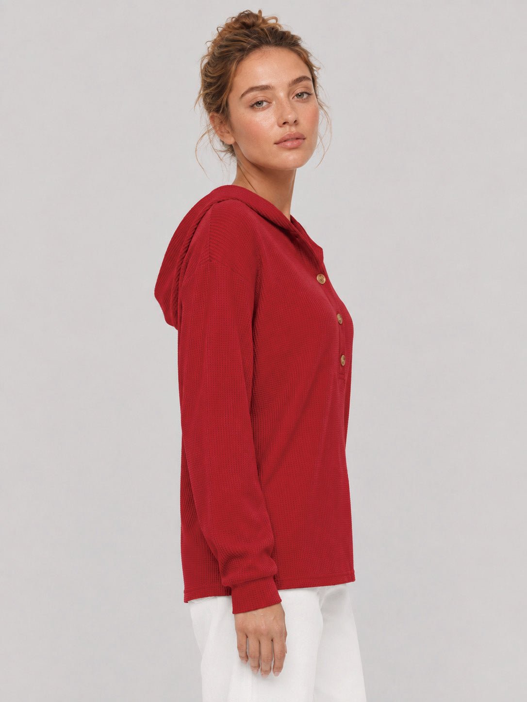 YUCOLEN Women's Waffle Knit Oversized Hoodie 4-Button Henley Pullover in Red