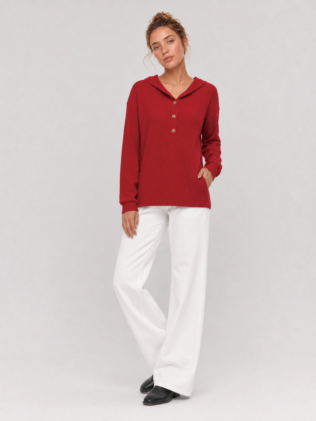 YUCOLEN Women's Waffle Knit Oversized Hoodie 4-Button Henley Pullover in Red