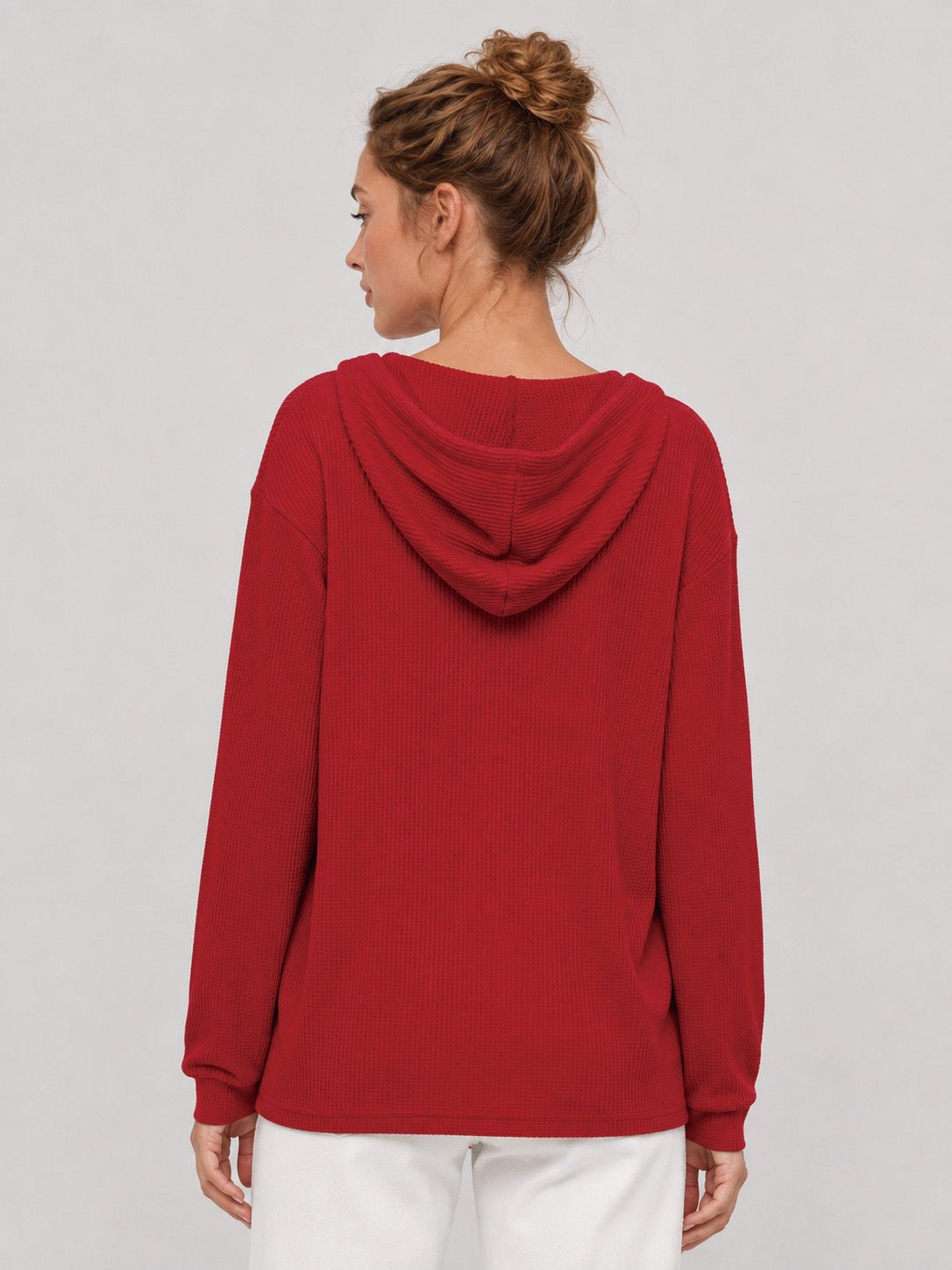 YUCOLEN Women's Waffle Knit Oversized Hoodie 4-Button Henley Pullover in Red