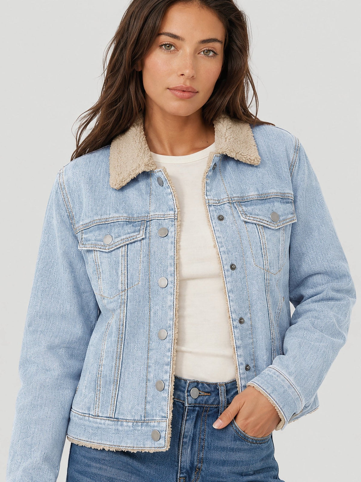 YUCOLEN Women's Warm Sherpa Lined Denim Jacket with Fleece Collar and Pockets in Retro Aqua Blue