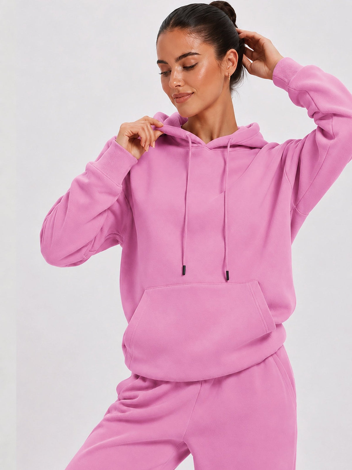 YUCOLEN Unisex Oversized Cotton Fleece Hoodie with Kangaroo Pocket in Rose Pink