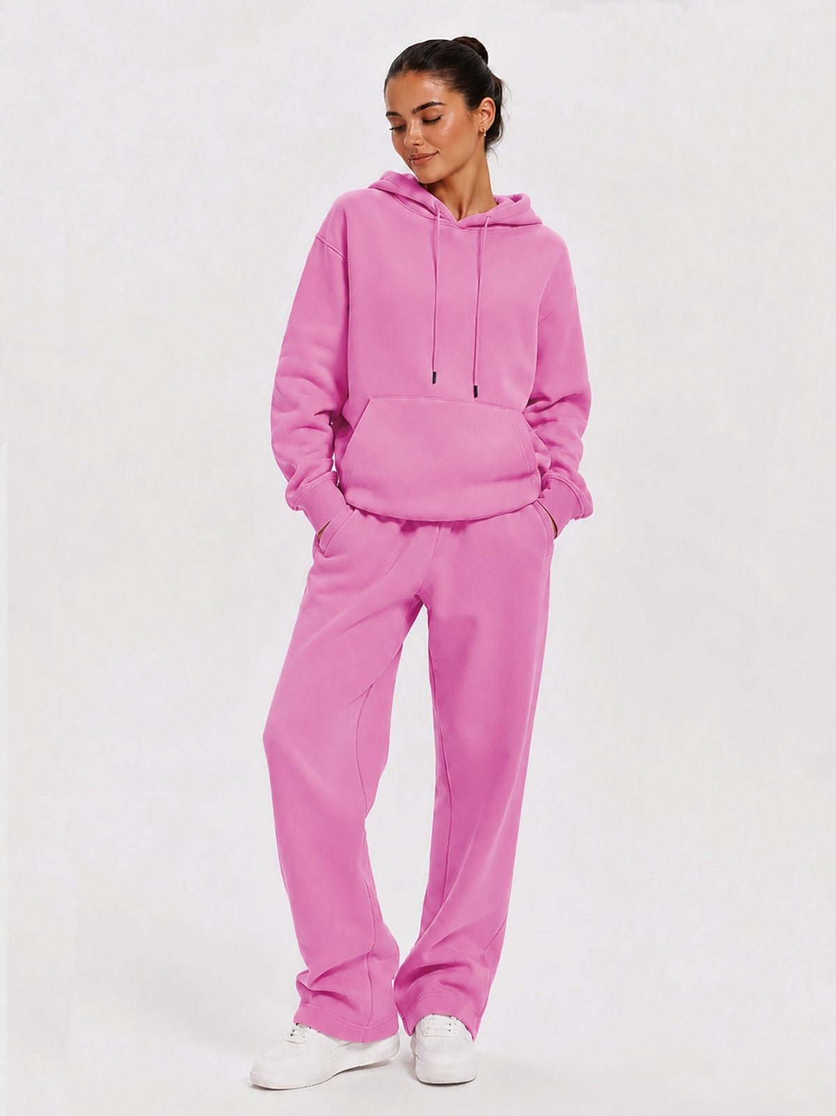 YUCOLEN Unisex Oversized Cotton Fleece Hoodie with Kangaroo Pocket in Rose Pink