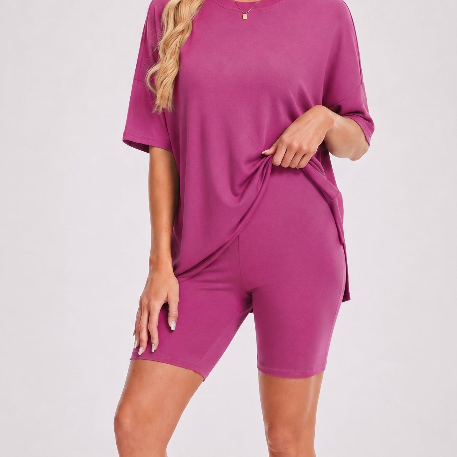 YUCOLEN Women's 2 Piece Oversized Lounge Set Matching Shorts and Tee Summer Casual Travel Athleisure Outfit in Rose Red
