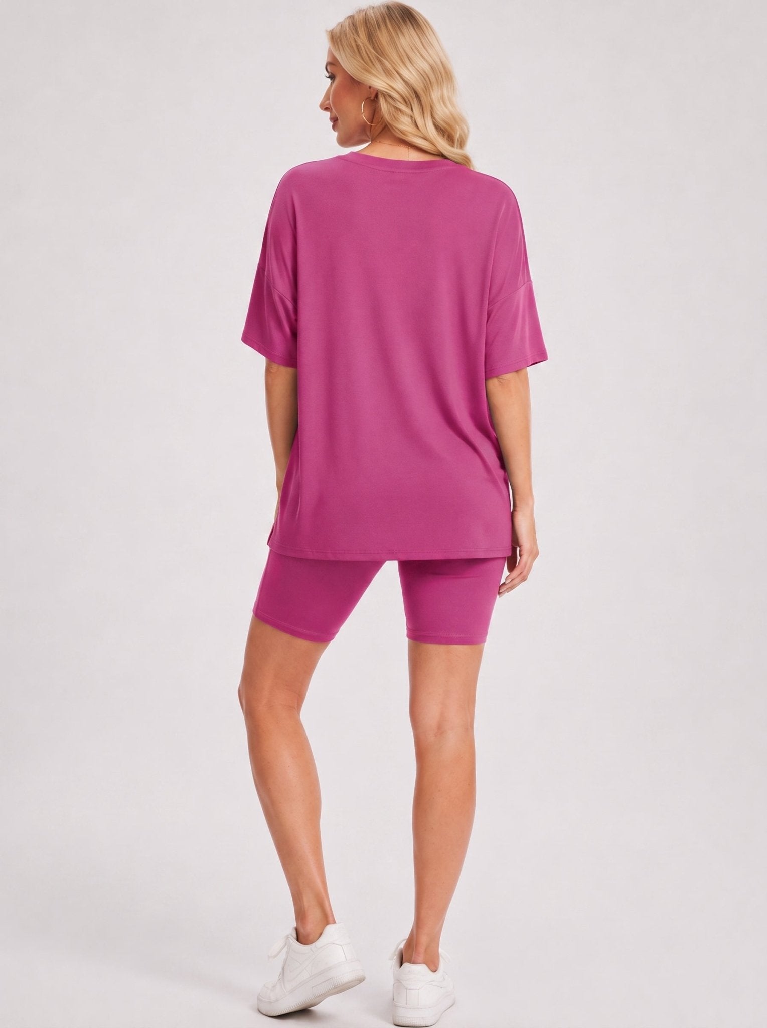 YUCOLEN Women's 2 Piece Oversized Lounge Set Matching Shorts and Tee Summer Casual Travel Athleisure Outfit in Rose Red