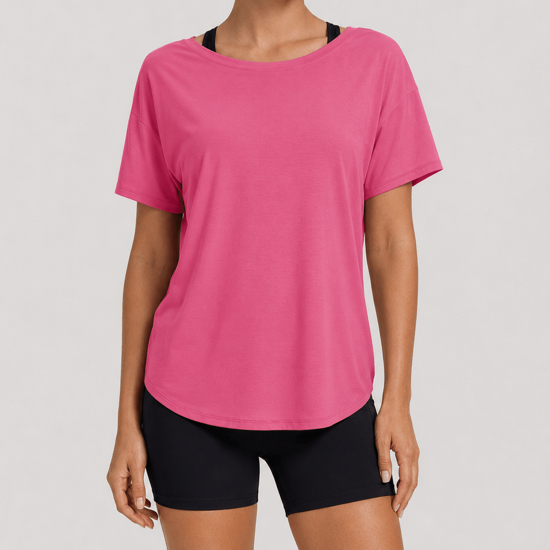YUCOLEN Women's Reversible Workout Tee Open Back Loose Fit Athletic Shirt in Rose Red