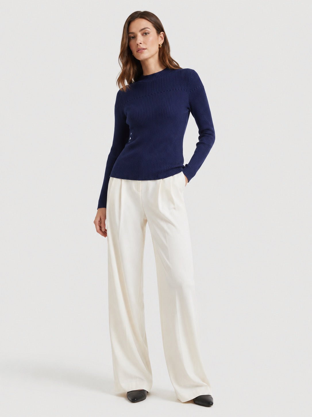 YUCOLEN Women's Mock Neck Ribbed Slim Fit Sweater Soft Wool Blend Pullover in Royal Blue