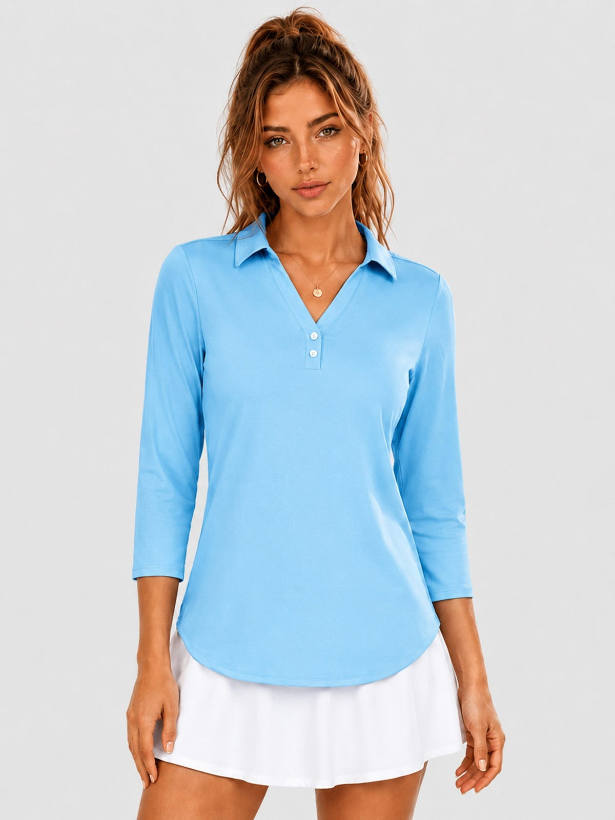 YUCOLEN Women's 3/4 Sleeve Polo Shirt UPF 50+ Sun Protection V Neck Golf Top in Sky Blue