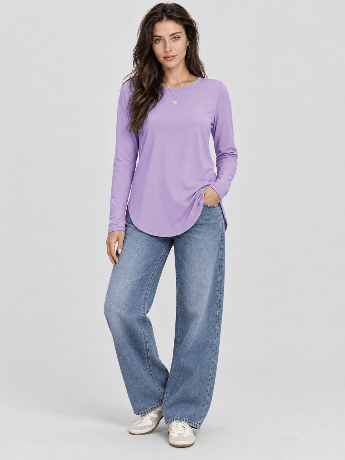 YUCOLEN Women's Long Sleeve Crewneck Tunic Top with Curved Hem in Taro Purple