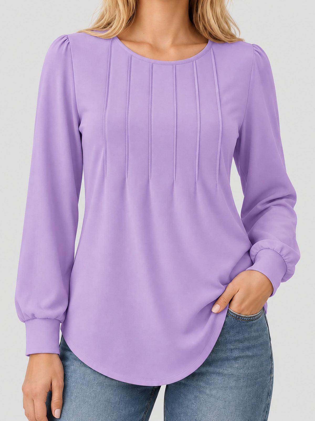 YUCOLEN Womens Pleated Puff Sleeve Crew Neck Long Sleeve Tunic Top in Taro Purple