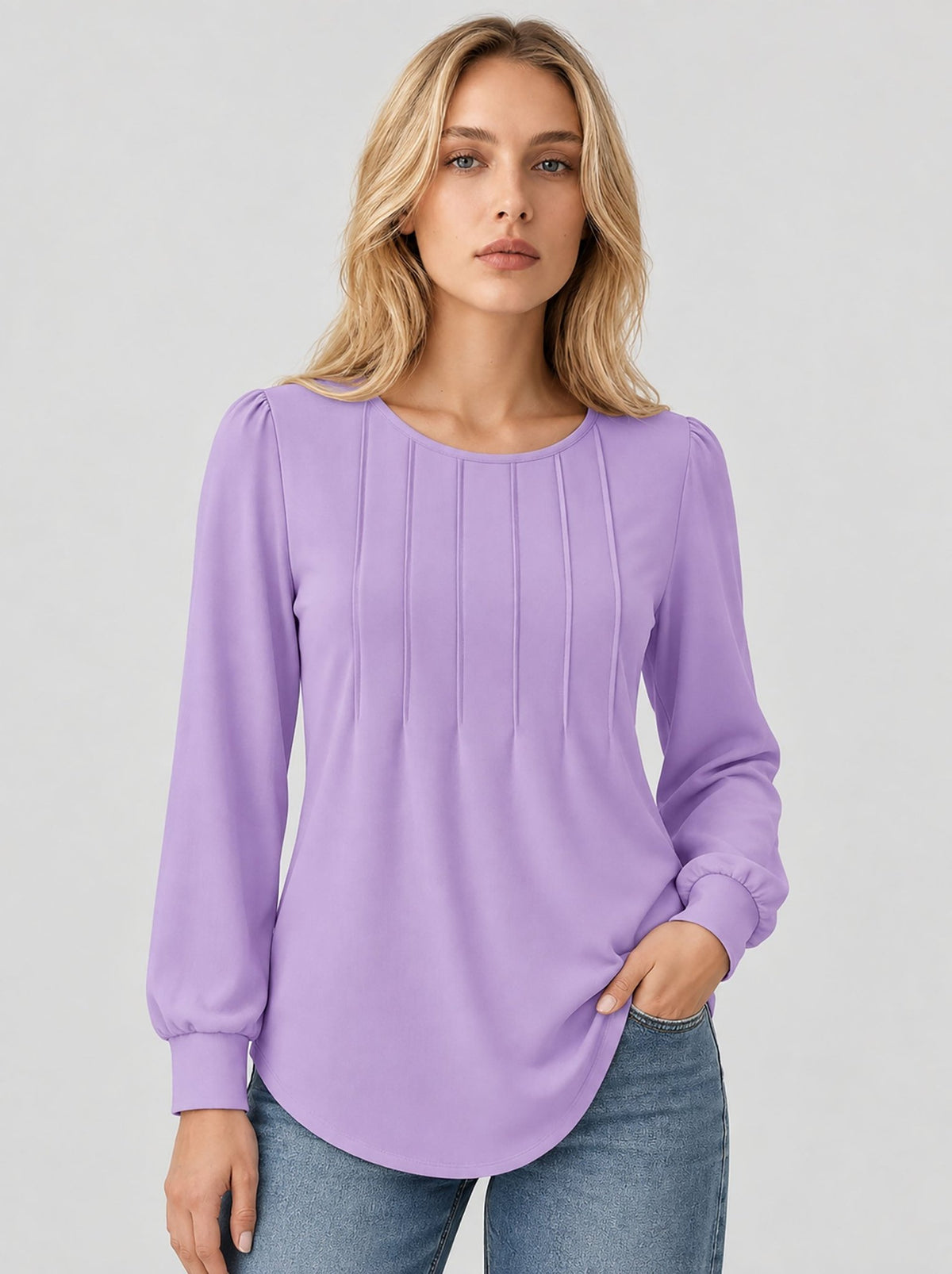 YUCOLEN Womens Pleated Puff Sleeve Crew Neck Long Sleeve Tunic Top in Taro Purple