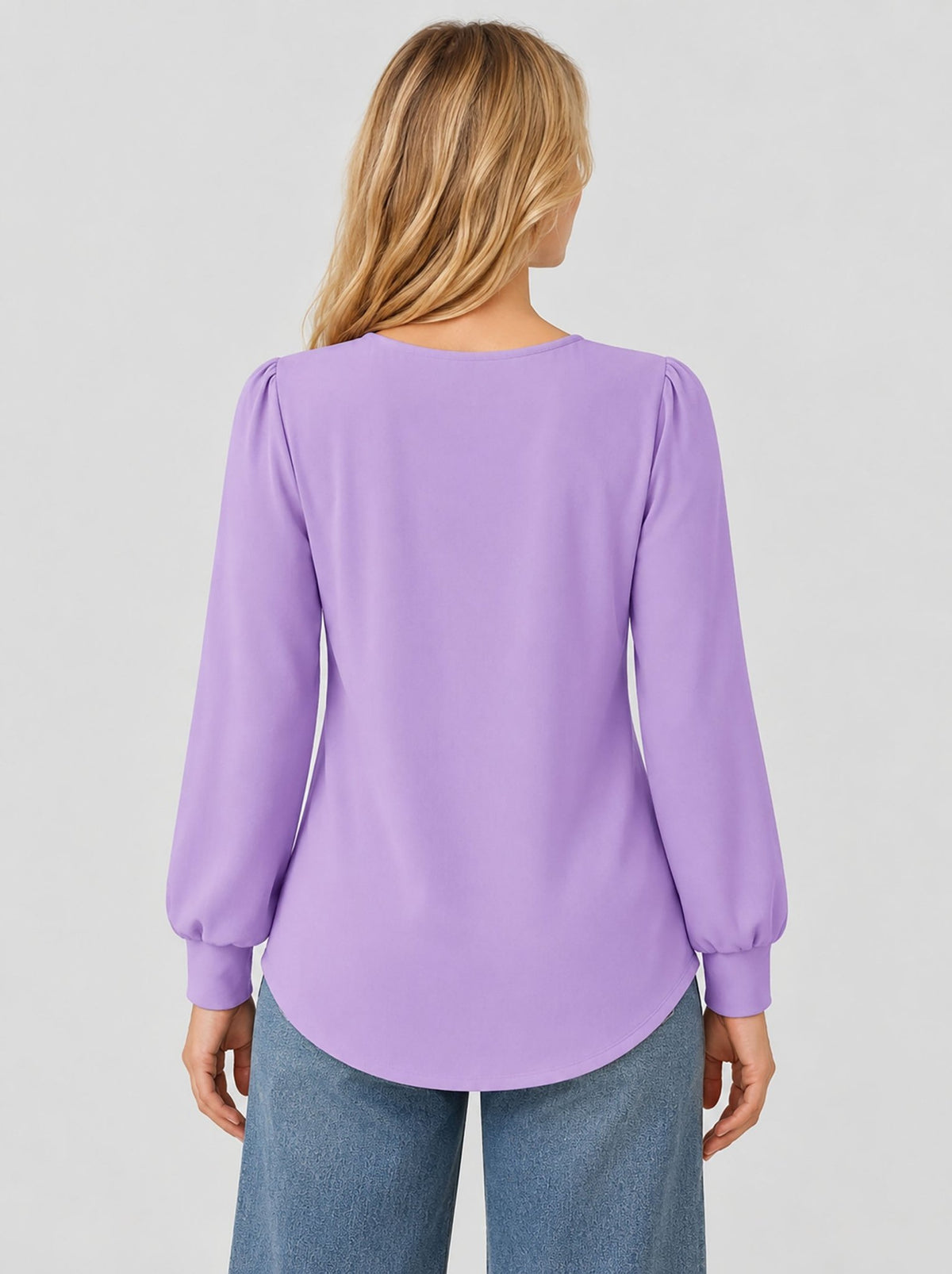 YUCOLEN Womens Pleated Puff Sleeve Crew Neck Long Sleeve Tunic Top in Taro Purple