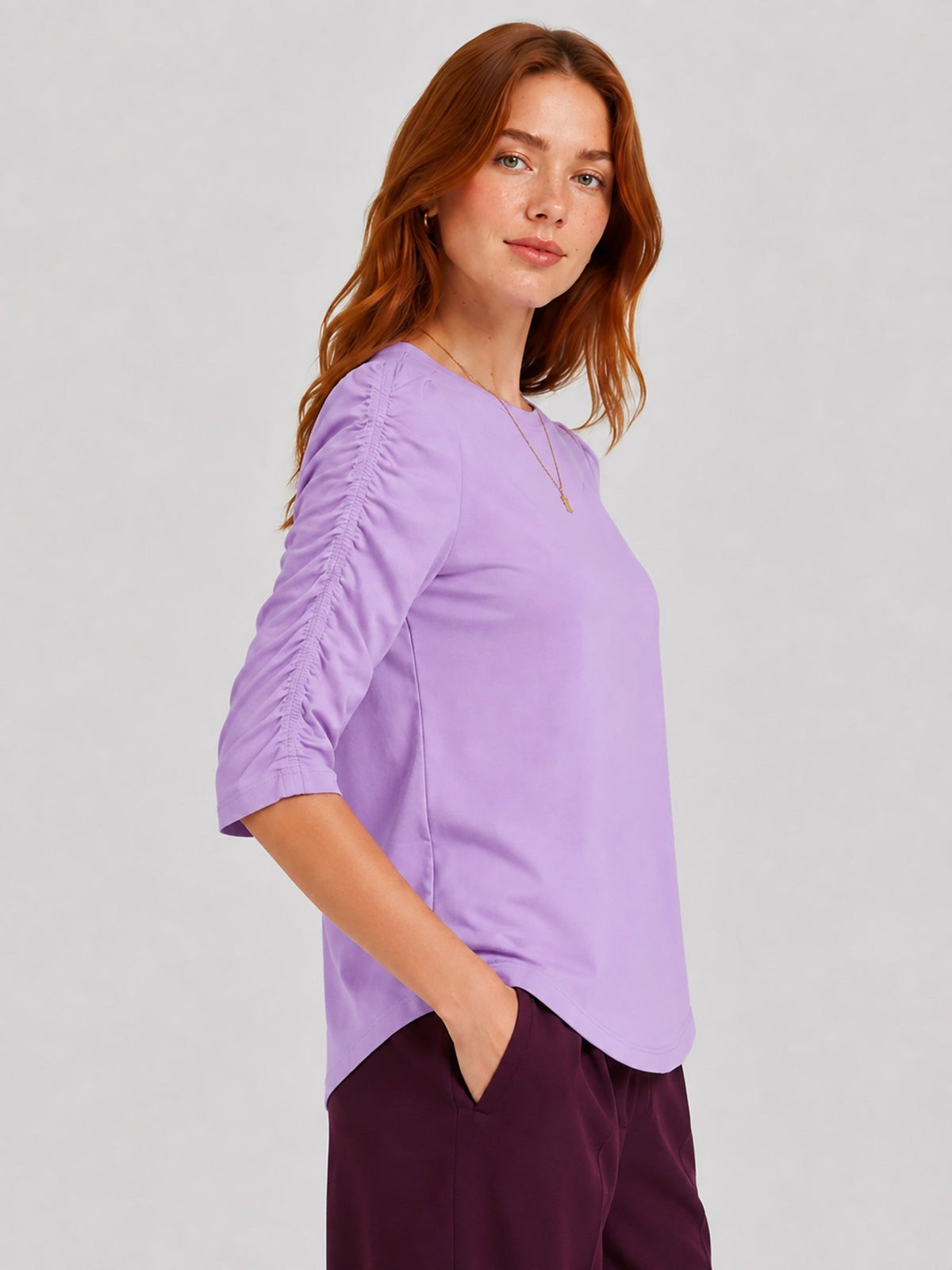 YUCOLEN Women's Puff Half Sleeve Tri-blend Top Casual Blouse in Taro Purple